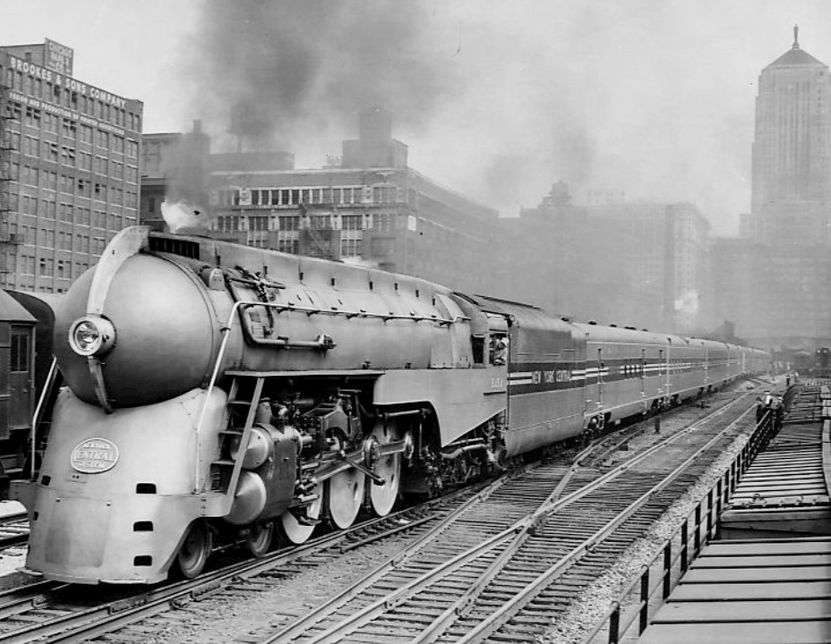 Photo of the streamlined New York Central train the 20th Century Limited leaving Chicago's LaSalle Street station on a trial run June 9, 1938